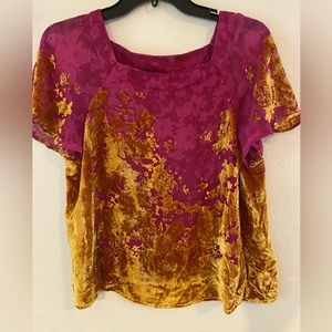 Anthropologie Maeve Pink & Gold Velvet Ombre Shimmer Short Sleeve Silk Top XS